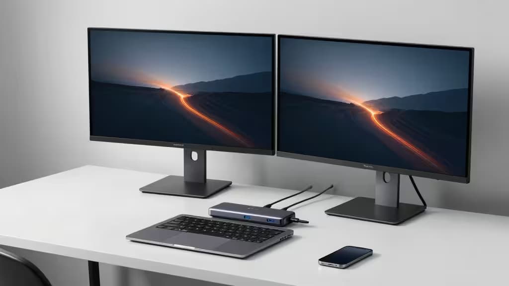 A silver USB-C docking station connects a laptop to two black monitors on a white desk, enabling an extended desktop setup.