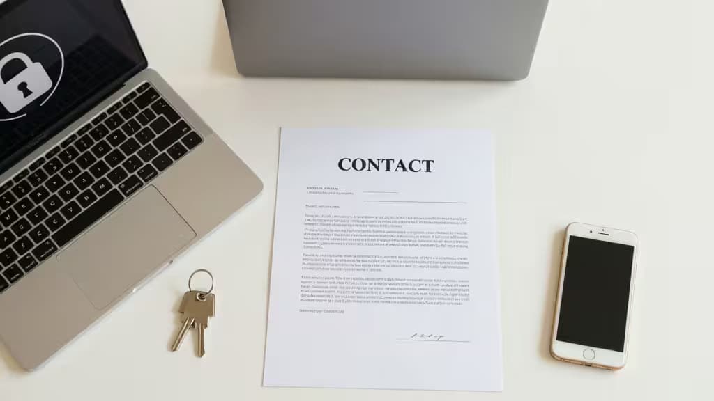 Laptop with lock icon, contact form, keys, and smartphone on white desk.