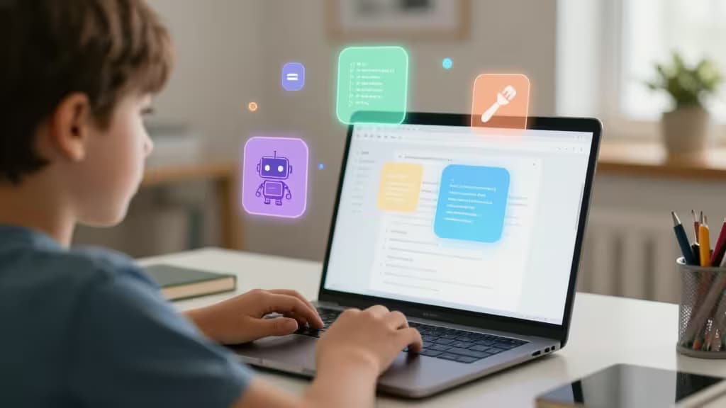 Een kind typt op een laptop, omringd door zwevende holografische iconen van een robot, penseel en code.