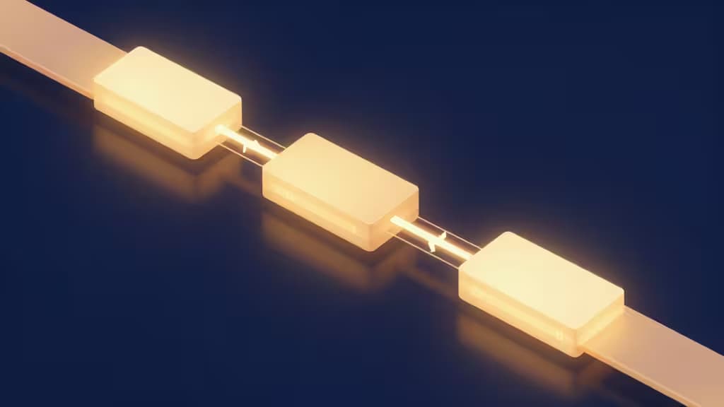 Glowing amber data blocks connect via translucent tubes on a dark blue surface, symbolizing efficient caching pipelines.