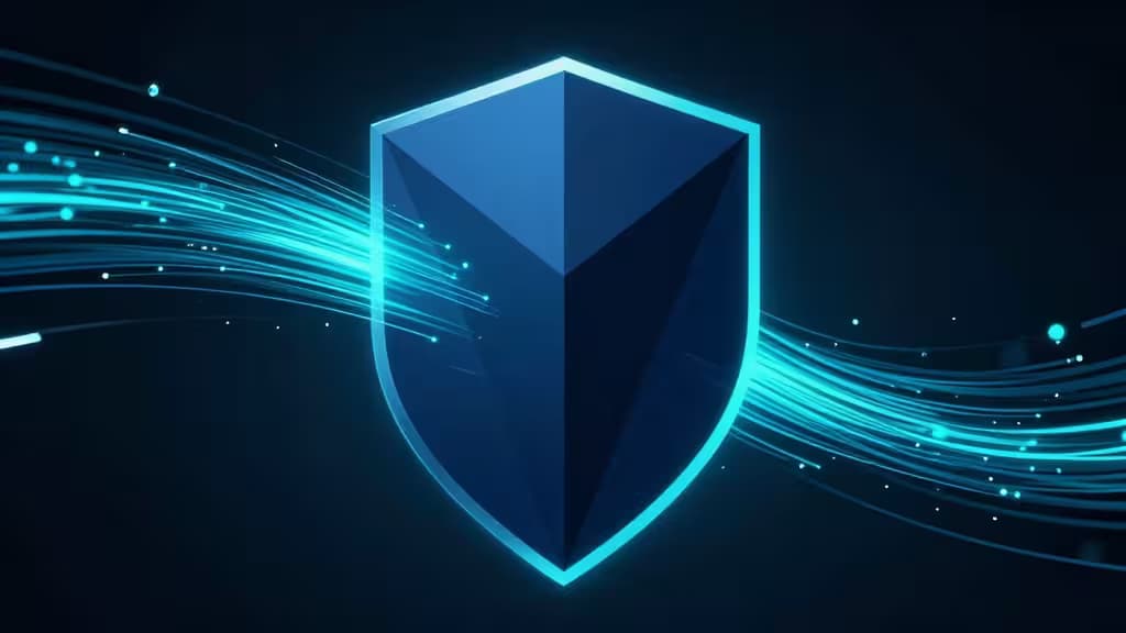 Glowing blue shield deflects data streams, symbolizing secure, high-speed 4K streaming protection.