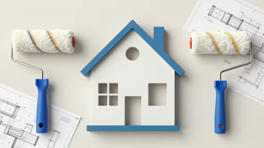 Abstract editorial illustration of home renovation tools, paint rollers, and blueprints arranged in a modern flat-lay composition with warm neutral tones and blue accents.