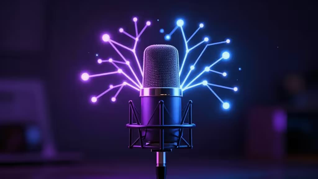Um microfone de estúdio com padrões de rede neural brilhando em roxo e azul, simbolizando a produção de podcasts com inteligência artificial.