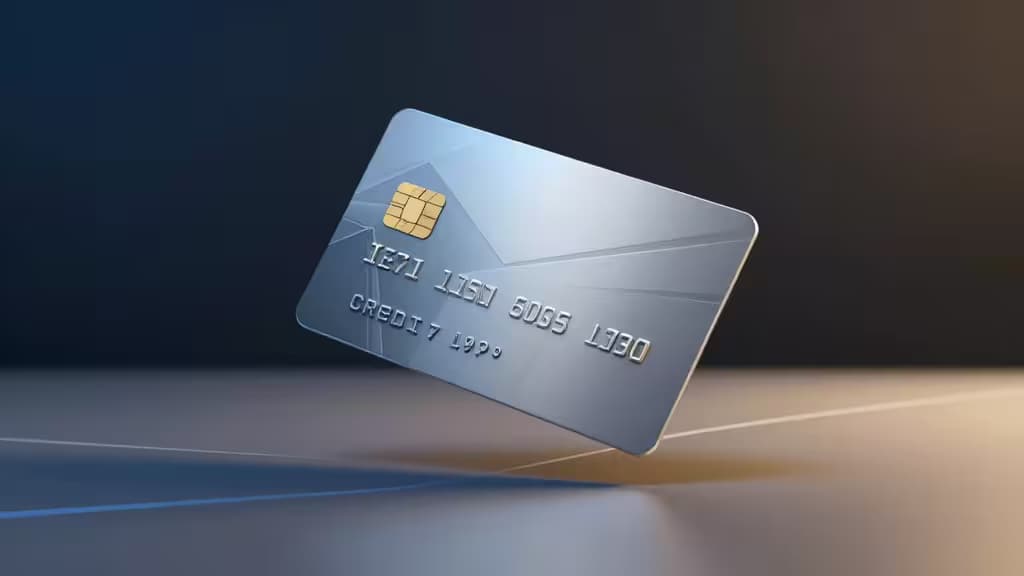A sleek metallic business credit card floating above a minimalist desk with soft blue and gold lighting in a professional fintech aesthetic.