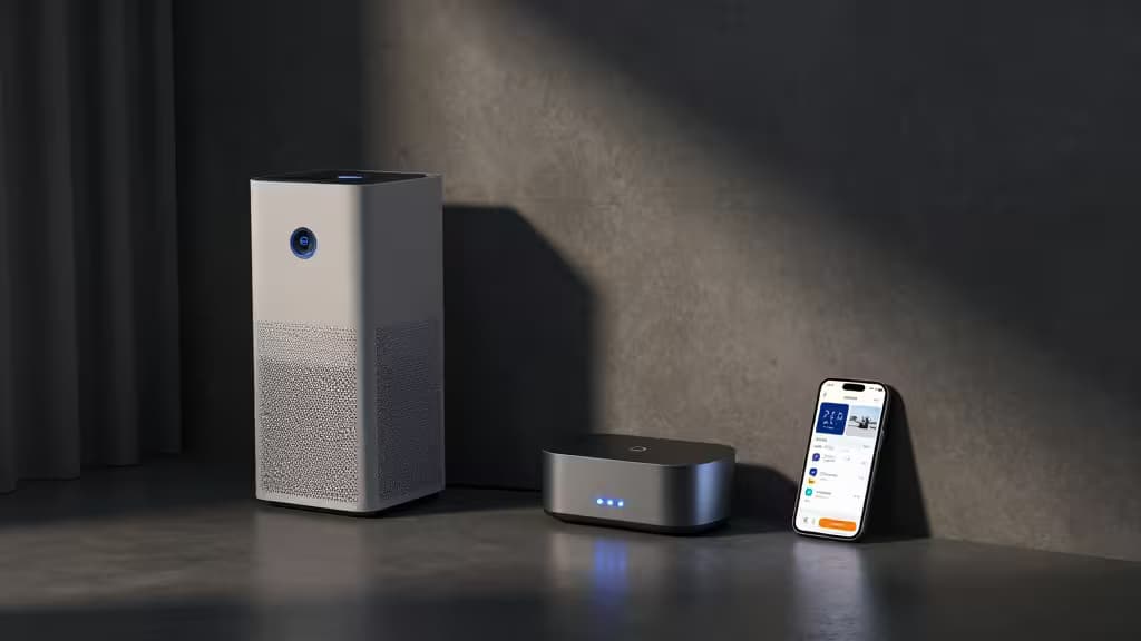 Smart-Home-Geräte in einem abgedunkelten Keller: Luftreiniger mit sanftem Licht, kleiner Hub mit Status-LEDs und Smartphone mit Automatisierungs-Dashboard auf Betonwänden.