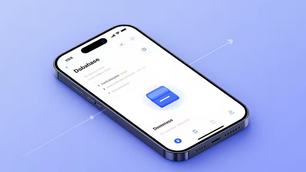 Uno smartphone mostra l'interfaccia di un'app per database con un'icona blu, su sfondo sfumato viola e blu
