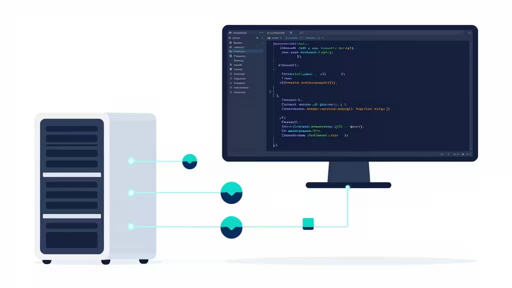 Abstract illustration of a headless CMS developer workspace with floating code editor panels and server nodes connected by glowing data streams in blue and teal tones