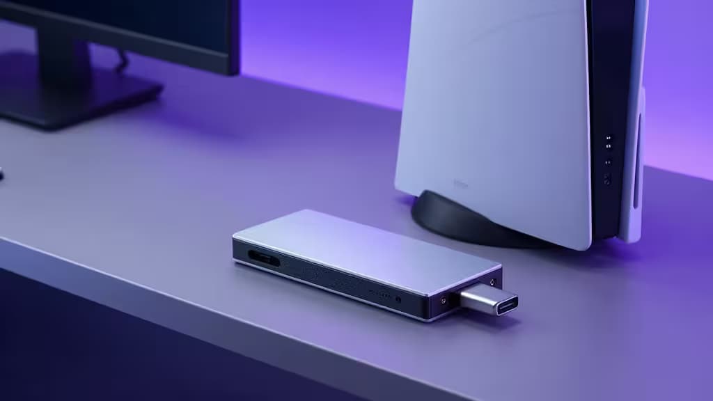 SSD externe argenté sleek, USB-C, sur bureau violet avec PS5 en arrière-plan.