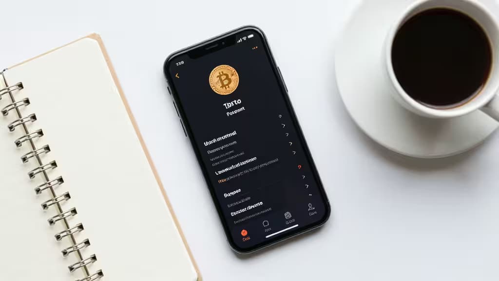 Smartphone displays crypto app beside notebook and coffee, symbolizing organized digital asset tracking.