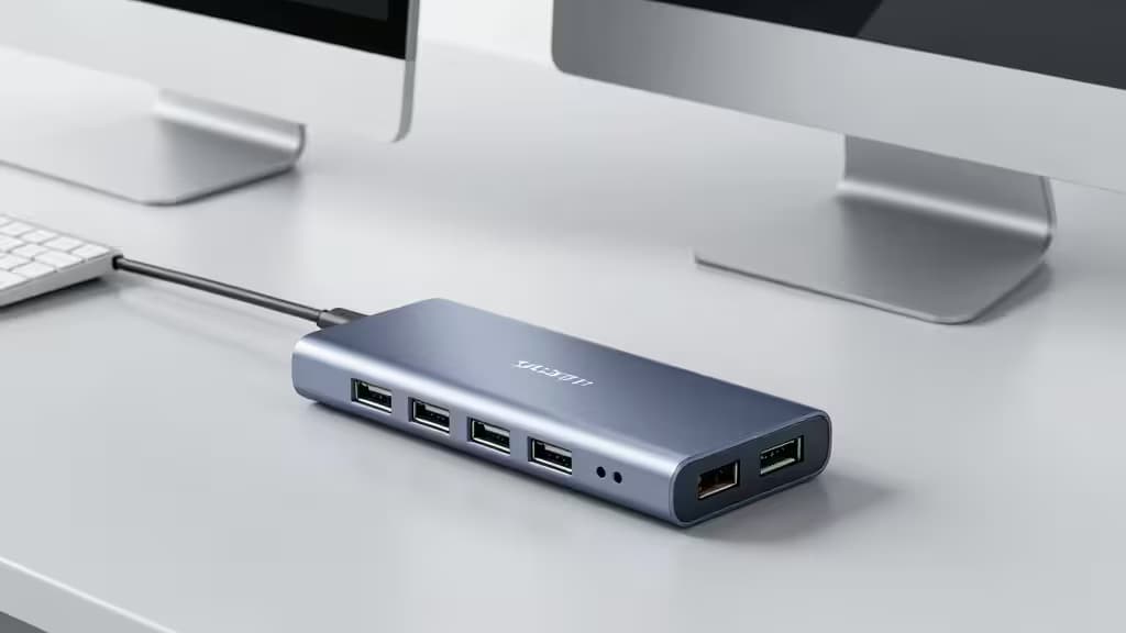 A sleek aluminum USB-C hub with multiple ports on a minimalist desk next to a compact silver desktop computer