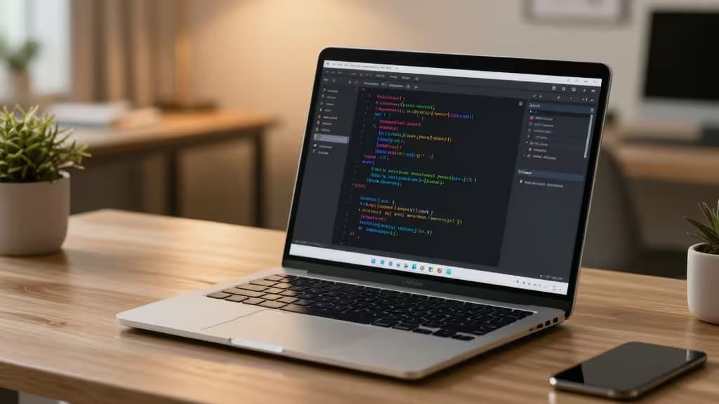 Nowoczesne stanowisko pracy programisty z laptopem wyświetlającym kod Pythona i adnotacje z code review na ekranie