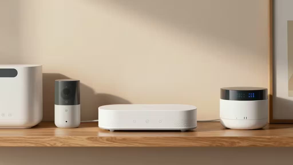 White Zigbee hub on wooden shelf with connected smart devices.