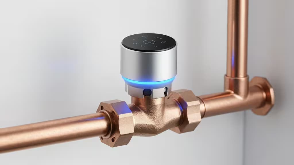Silver smart sensor with blue LED glows atop copper pipe valve.