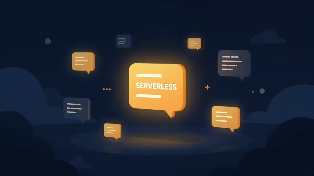 Glowing serverless speech bubble illuminates abstract digital landscape with floating error alerts and stack trace fragments in cloud environment.