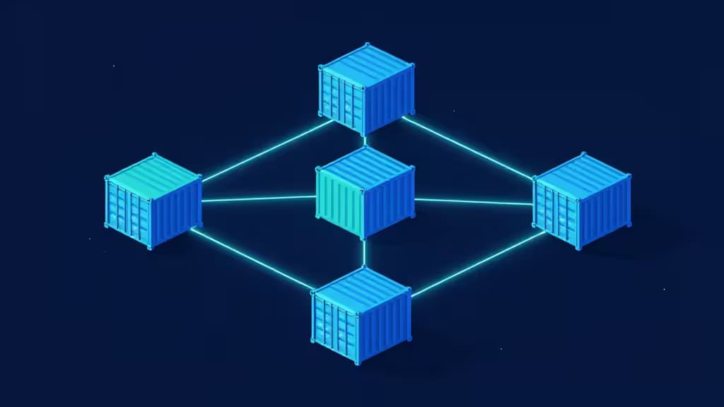 Blue containers interconnected by glowing lines symbolize Kubernetes infrastructure tools like Crossplane, Argo CD, Helm, Pulumi, and Terraform.
