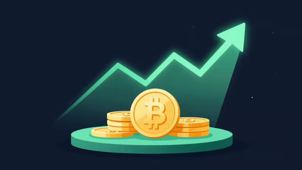 Moedas de Bitcoin douradas repousam sobre uma plataforma em tons de verde-azulado, com uma seta brilhante de tendência ascendente a simbolizar crescimento ao fundo.