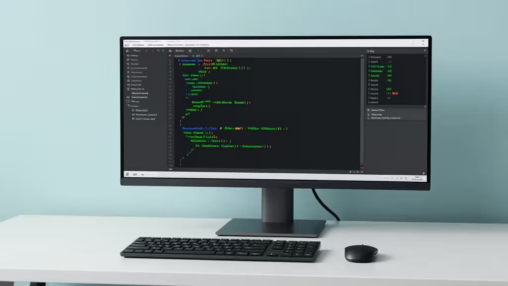 Una scrivania bianca minimalista con un monitor che mostra codice Go, una tastiera e un mouse contro una parete azzurra chiara.
