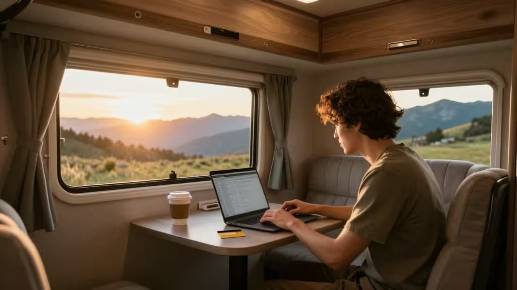 Um homem trabalha em um laptop na mesa de um motorhome, com café e cartão de crédito por perto, montanhas ao entardecer visíveis pela janela.