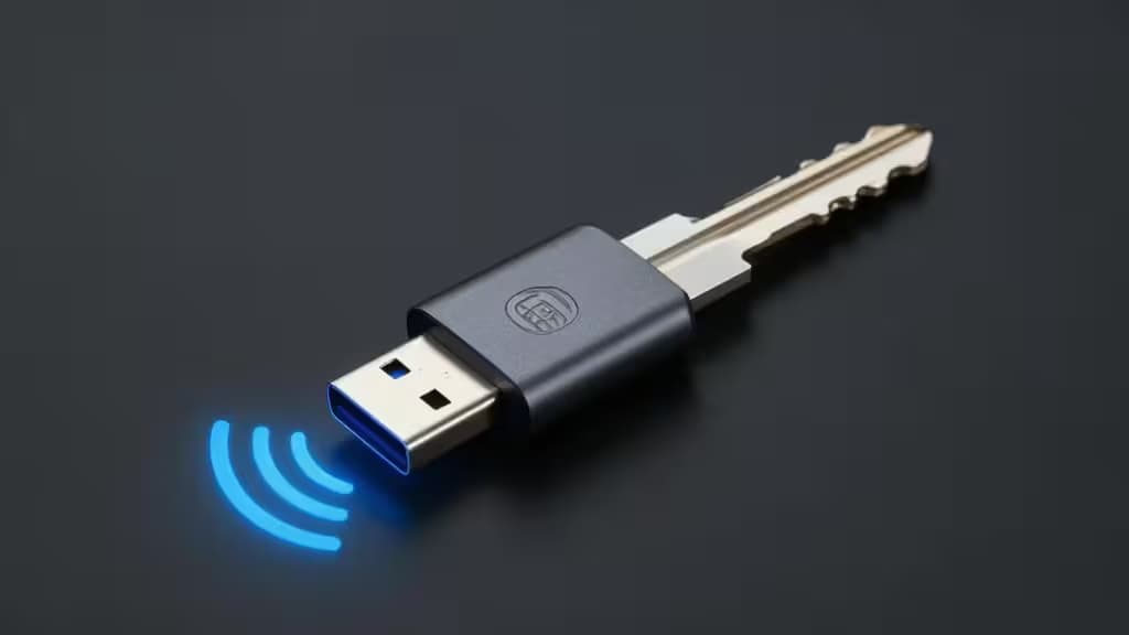 Llave de seguridad USB-C con luz azul y ondas NFC sobre fondo oscuro, representación abstracta de autenticación FIDO2