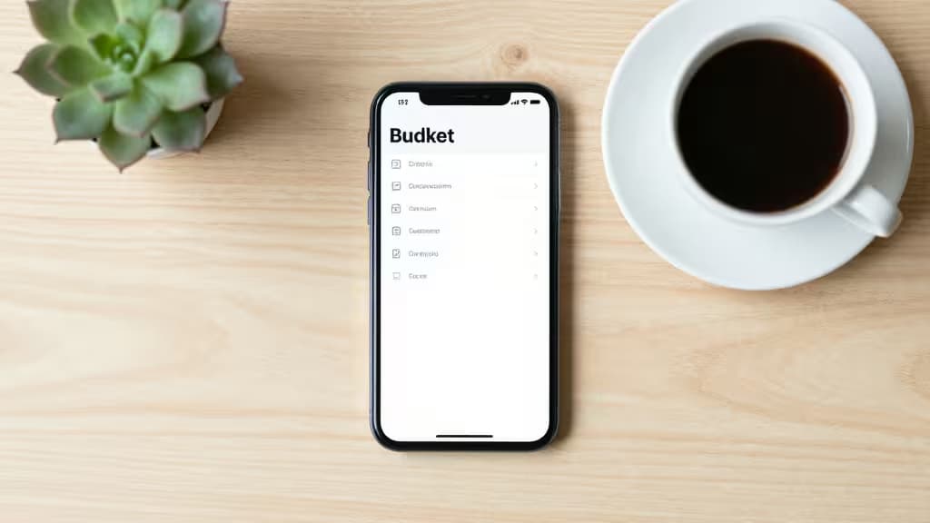 Smartfon z aplikacją budżetową na jasnym drewnianym stole obok filiżanki kawy i sukulenta – spokojna, minimalistyczna scena finansowego planowania.
