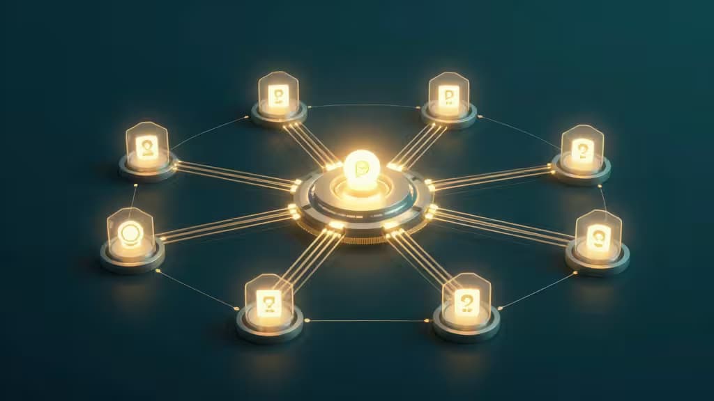 Glowing central hub routes data streams to peripheral AI model nodes on a dark teal surface.