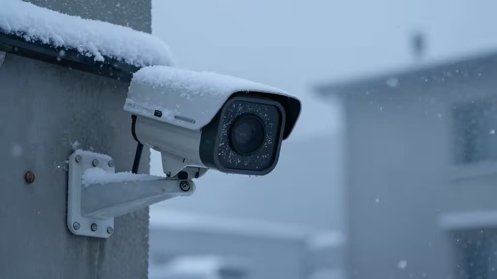 A frost-covered outdoor security camera mounted on a wall during a nighttime snowstorm.