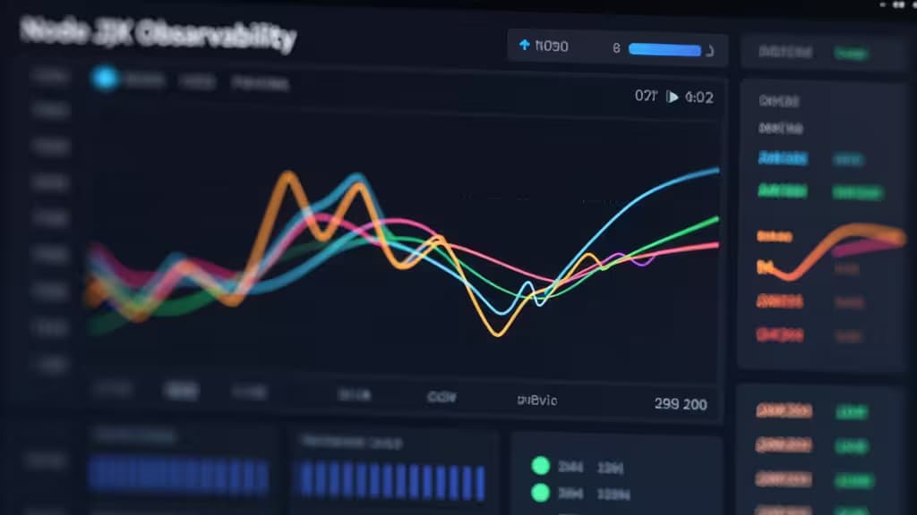 A dark-mode dashboard displays colorful real-time performance graphs for Node.js observability tools.