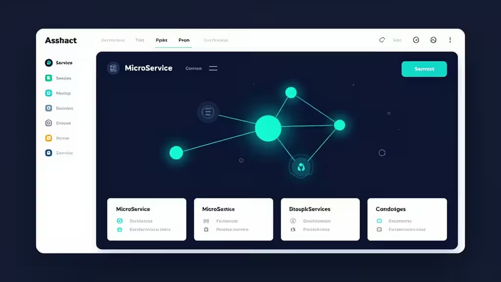 Glowing teal microservice nodes connect on a dark dashboard, illustrating scalable engineering architecture for growing teams.