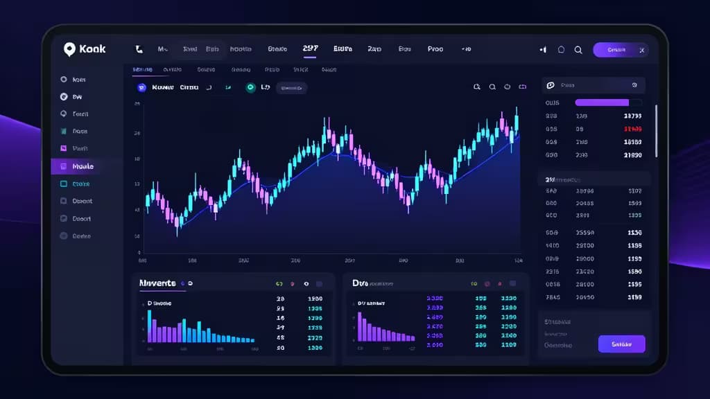 Tableau de bord sombre affichant des graphiques en chandeliers, des métriques de portefeuille et des analyses crypto en temps réel sur une interface moderne.