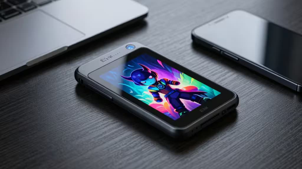 A sleek smartphone displays a vibrant NFT character, flanked by a laptop and another phone on a dark desk.