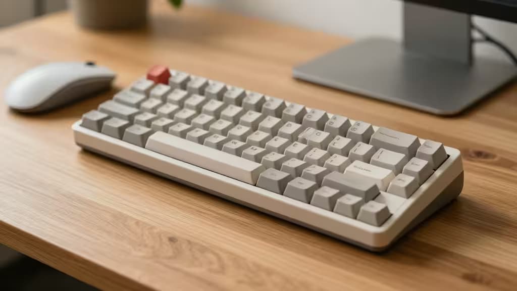 Compact mechanical keyboard with red switch, placed on wooden desk beside white mouse.