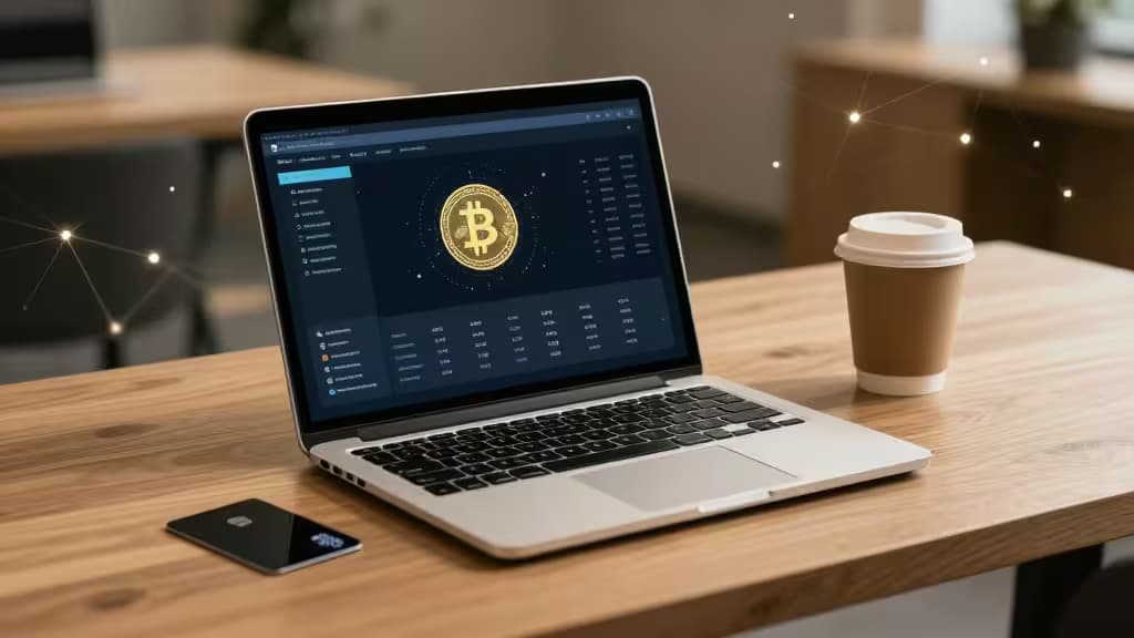 Laptop displays Bitcoin dashboard beside coffee cup on wooden desk, symbolizing crypto-friendly business banking.