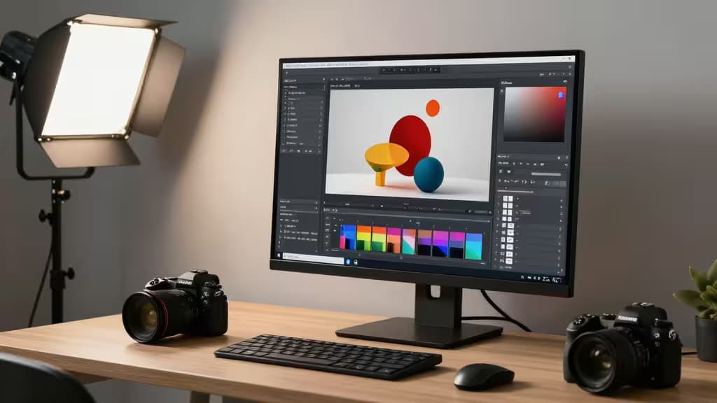A professional photo editing workspace with a large monitor displaying AI-assisted image editing, studio lighting, and camera gear on the desk.