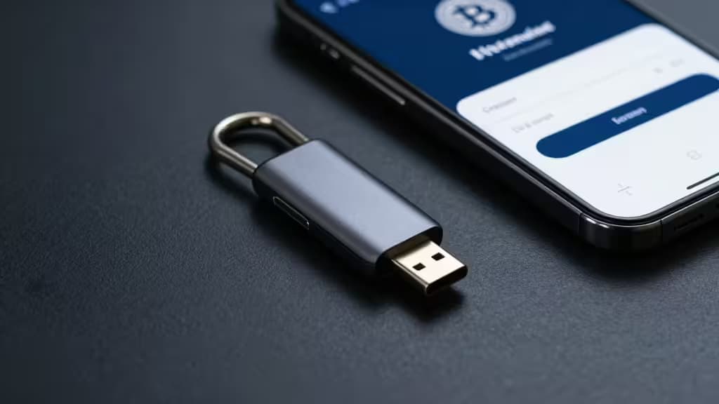 A metallic USB security key rests beside a smartphone displaying a cryptocurrency exchange login screen.