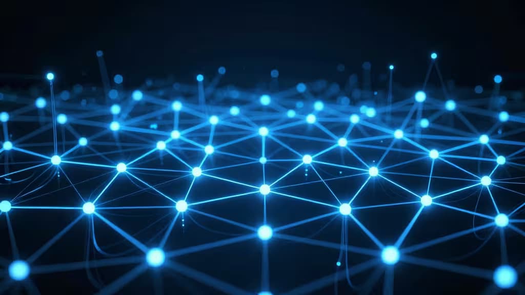 Glowing blue nodes and lines form a dynamic network, symbolizing graph database technology.