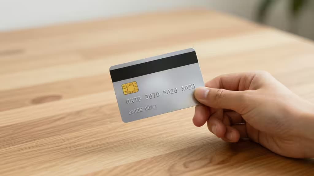 Mano sostiene tarjeta de crédito plateada sobre mesa de madera clara.