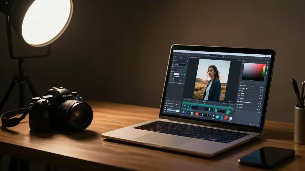 Fotografenwerkblad met camera en laptop waarop AI-fotobewerkingssoftware te zien is, onder zachte studiobelichting