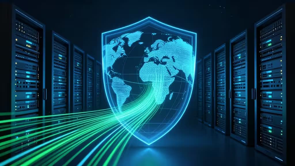 Un escudo digital brillante con un mapamundi protege flujos de datos que circulan a través de servidores, simbolizando conectividad VPN global segura.