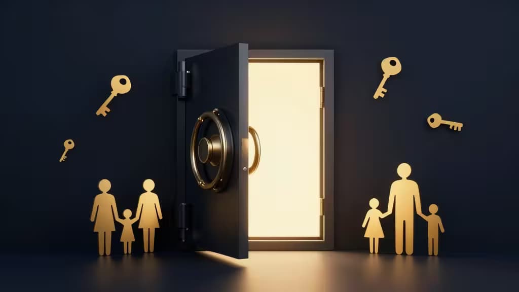 Golden family silhouettes flank an open vault door, with floating keys symbolizing secure digital legacy access.