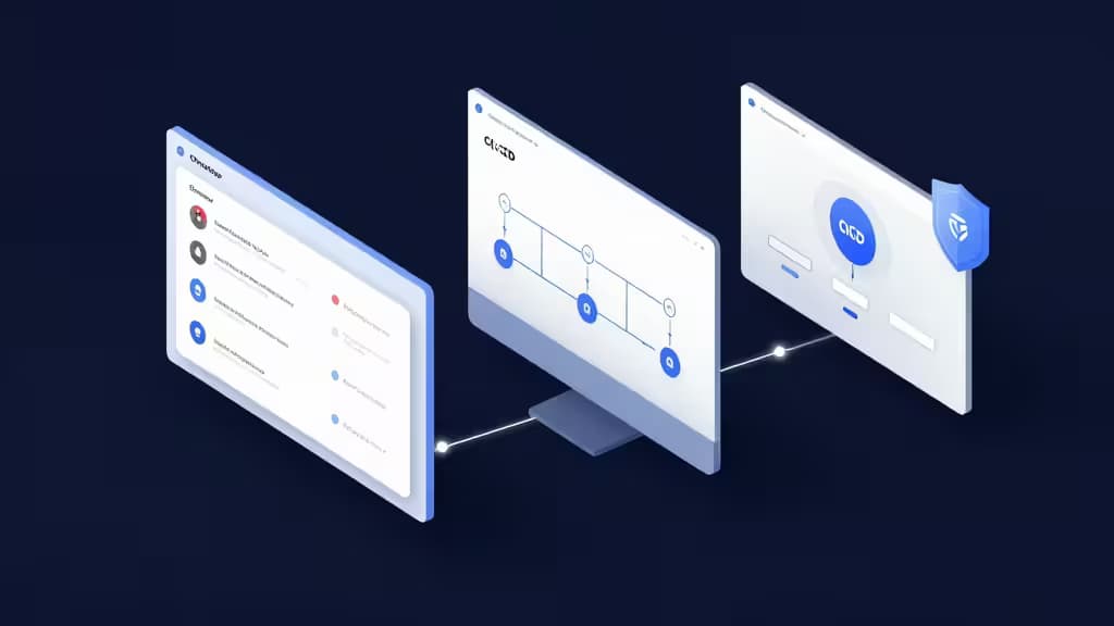 Isometric monitors display service catalogs, CI/CD pipelines, and governance shields, illustrating modern internal developer portal alternatives.