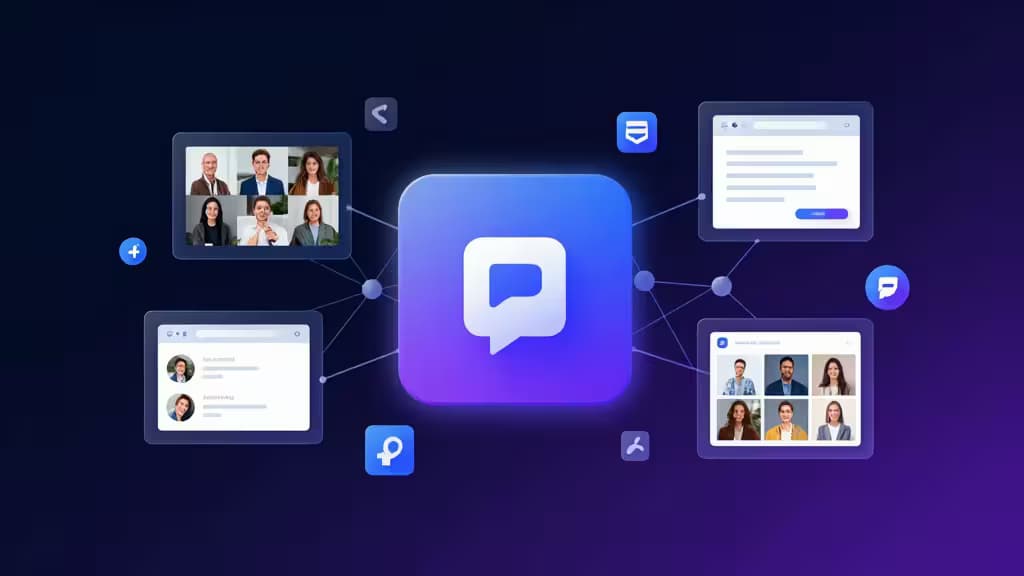 Central purple speech bubble icon connects to video calls, documents, and social media interfaces via glowing network lines.