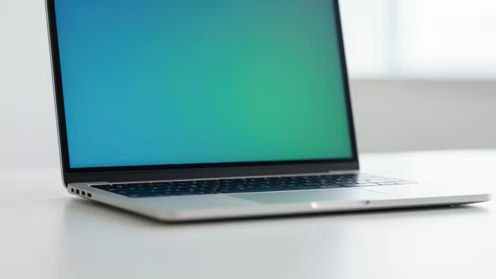 Srebrny laptop na białym biurku z ekranem świecącym na niebiesko-zielono, symbolizujący nowoczesne narzędzia fintech dla startupów VC-backed.