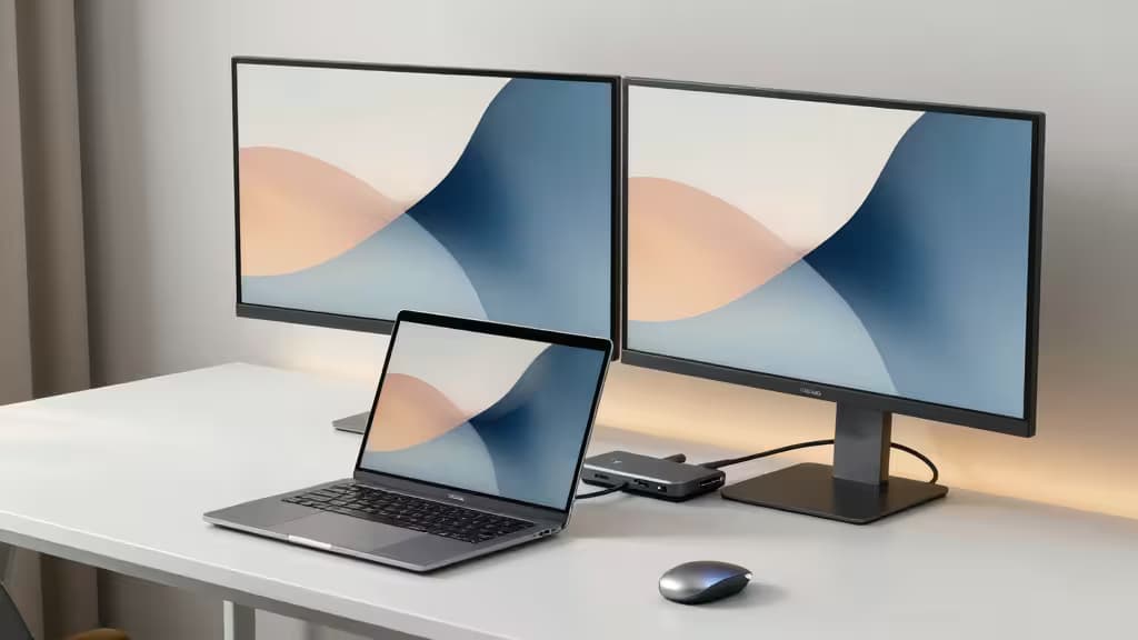 Un portátil se conecta mediante un dock USB-C a dos monitores idénticos sobre un escritorio blanco, mostrando una configuración de doble pantalla económica.