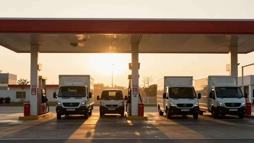 Four white delivery vans refuel under a red-canopied gas station at sunset, symbolizing accessible fleet fueling solutions for small businesses.