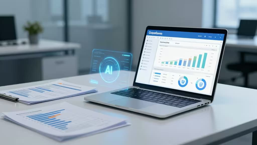 Laptop displays compliance dashboard with AI hologram, surrounded by regulatory reports on desk.