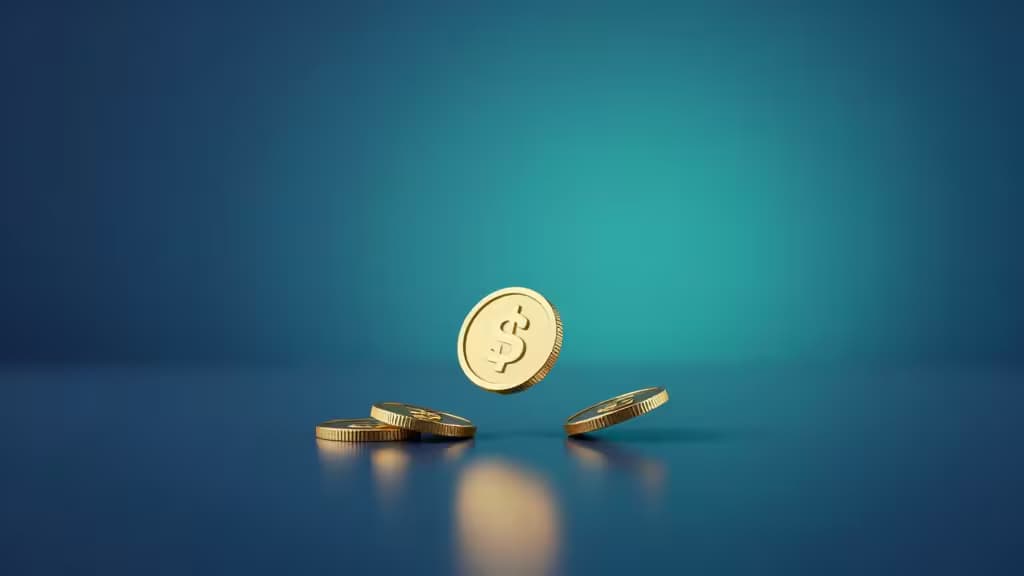 Gouden munten zwevend boven een kalme reflecterende waterspiegel, symbool voor stabiele crypto-rendementen