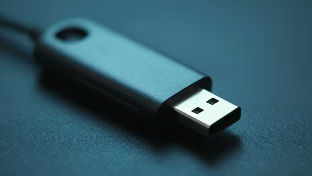 Chave de segurança USB-C sobre uma superfície escura com iluminação azul e teal, estética tecnológica minimalista