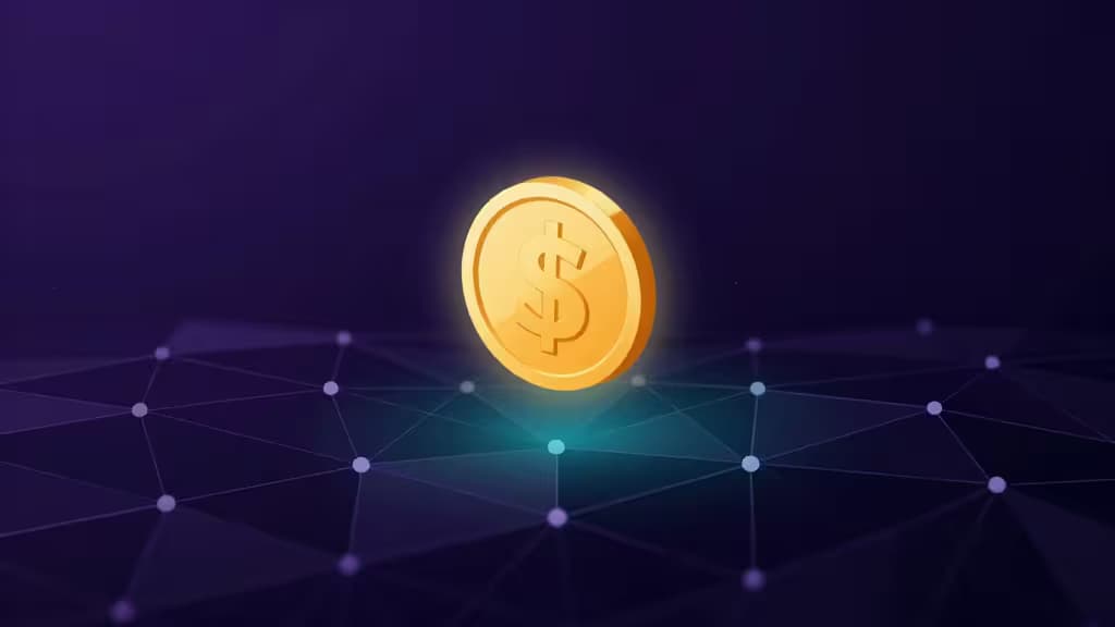 Abstract illustration of a glowing golden coin above a dark geometric blockchain network with purple and teal gradient lighting