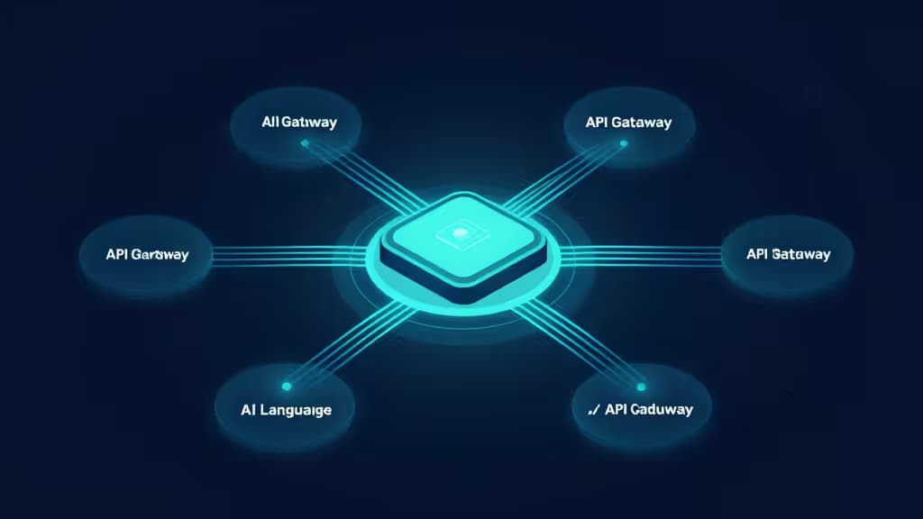 Abstract illustration of a central API gateway hub routing glowing data streams to multiple AI language model nodes, in dark blue and teal tones