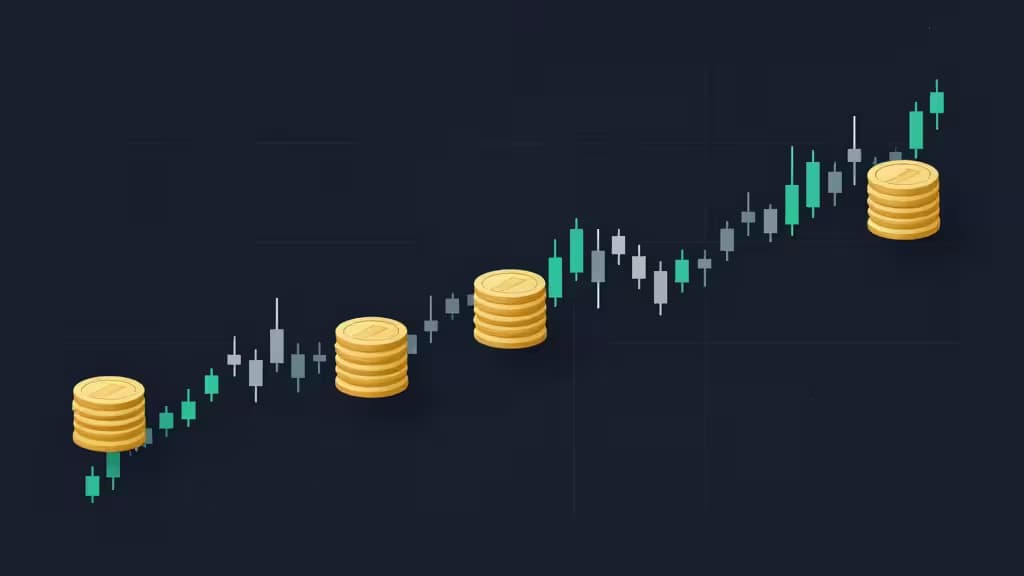 Piles de pièces dorées s'élevant le long d'un graphique en chandeliers vert et blanc sur fond bleu foncé, symbolisant la croissance d'un investissement crypto.